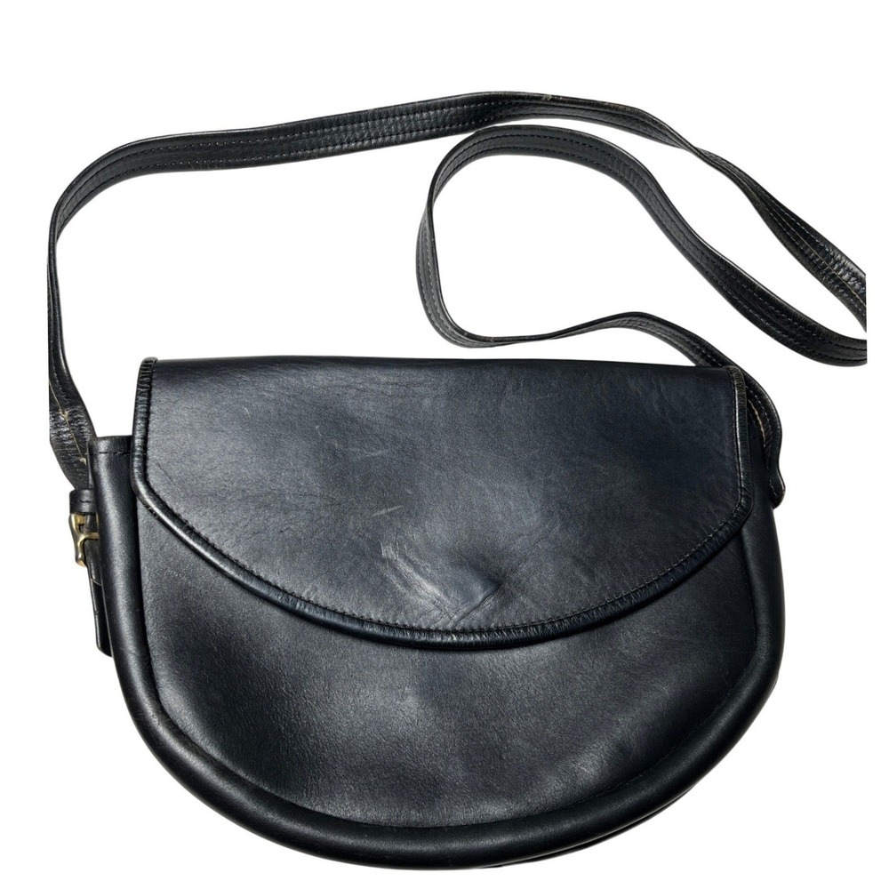 Vintage Black Leather Saddle Crossbody‎ Bag Minimalist 90s Brass Hardware